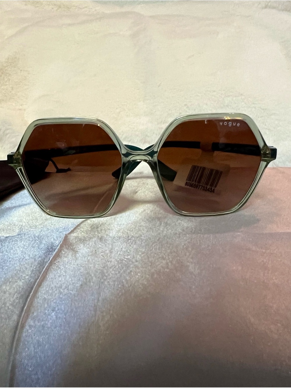 Vogue Hexagonal Sunglasses in Translucent Emerald Frame with Brown Lenses